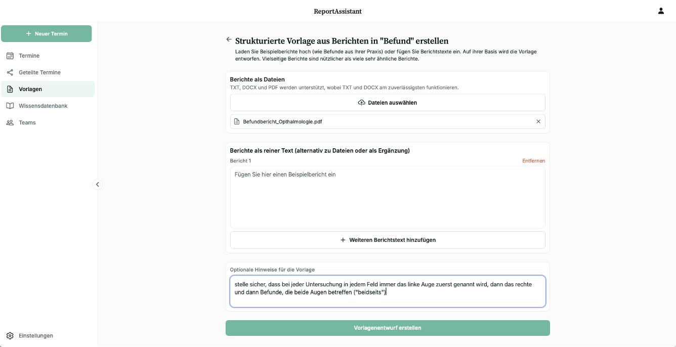 Vorlagen-Generator: Hinweise zur Vorlagenerstellung eingeben