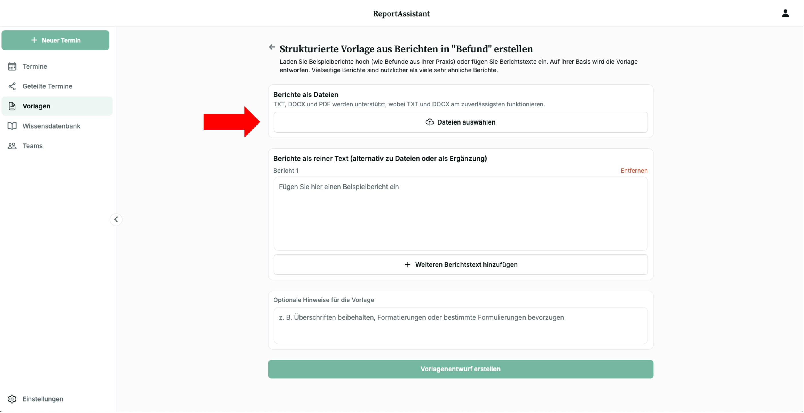Vorlagen-Generator: Beispielbericht hochladen