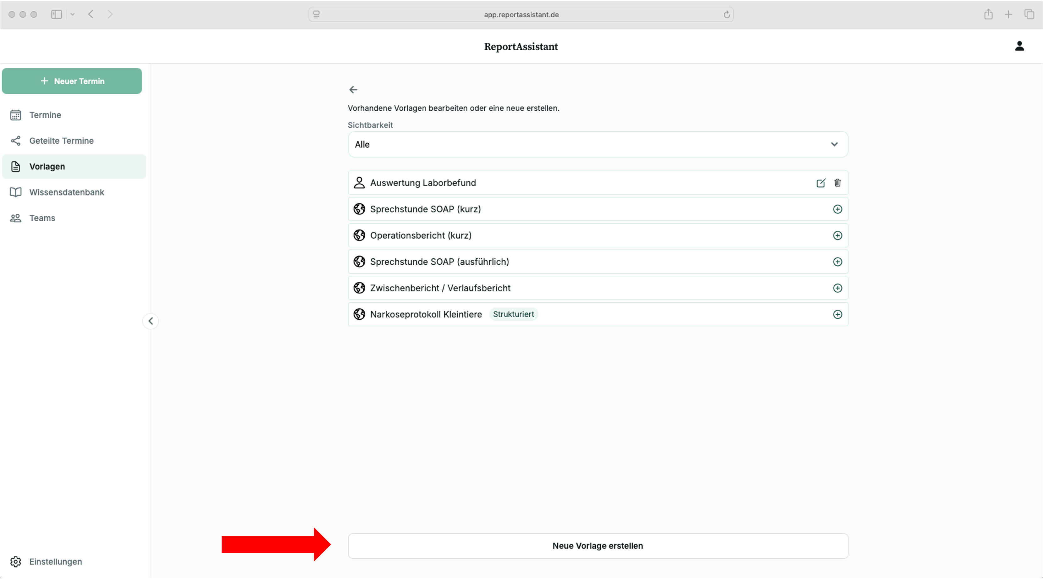 Vorlagenliste mit dem Button Neue Vorlage erstellen