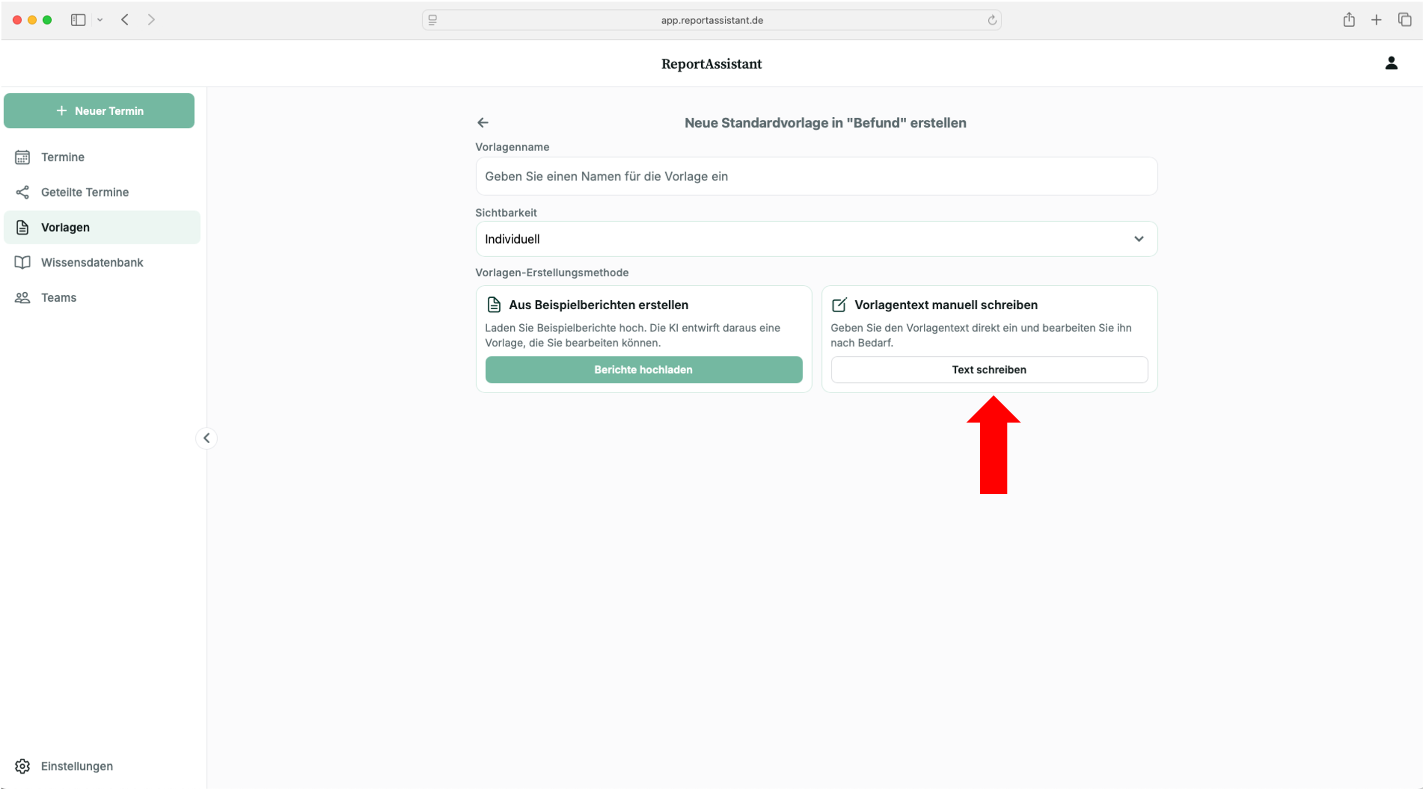 Erstellungsmethode waehlen: Vorlagentext manuell schreiben