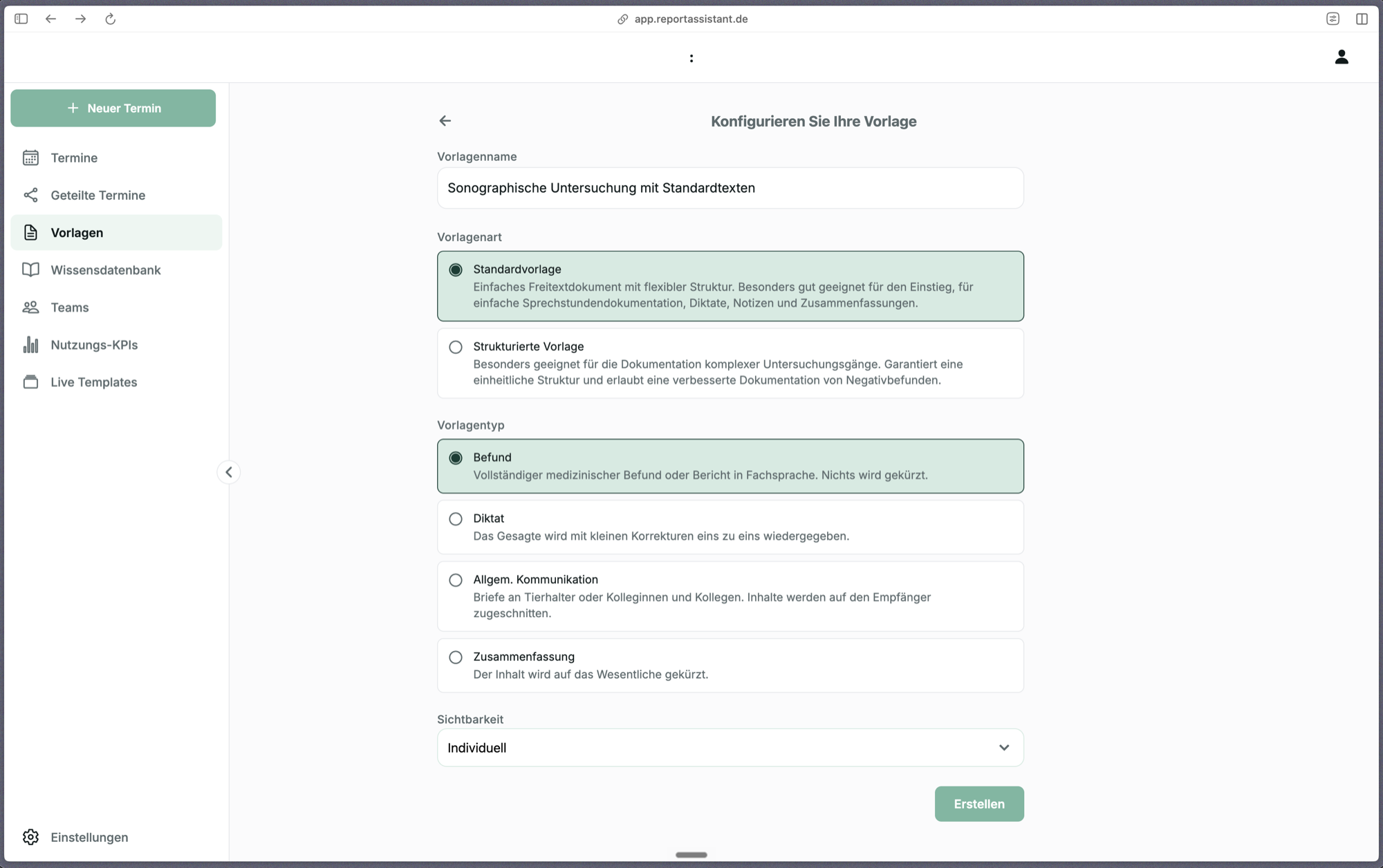 Formular Konfigurieren Sie Ihre Vorlage mit Vorlagenname, Vorlagenart, Vorlagentyp und Sichtbarkeit
